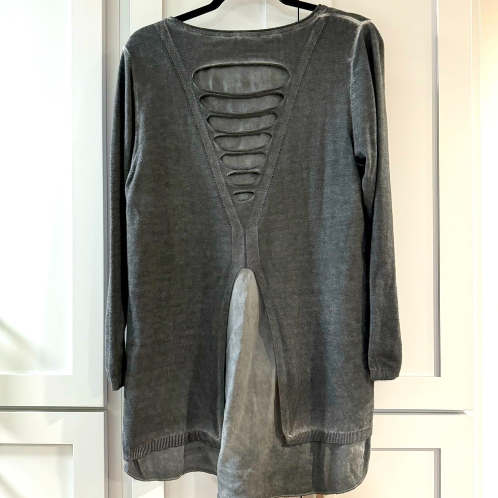 Gray Long Sleeved High Low Shirt with Distressed Cut Out‎ Detailing from Linit